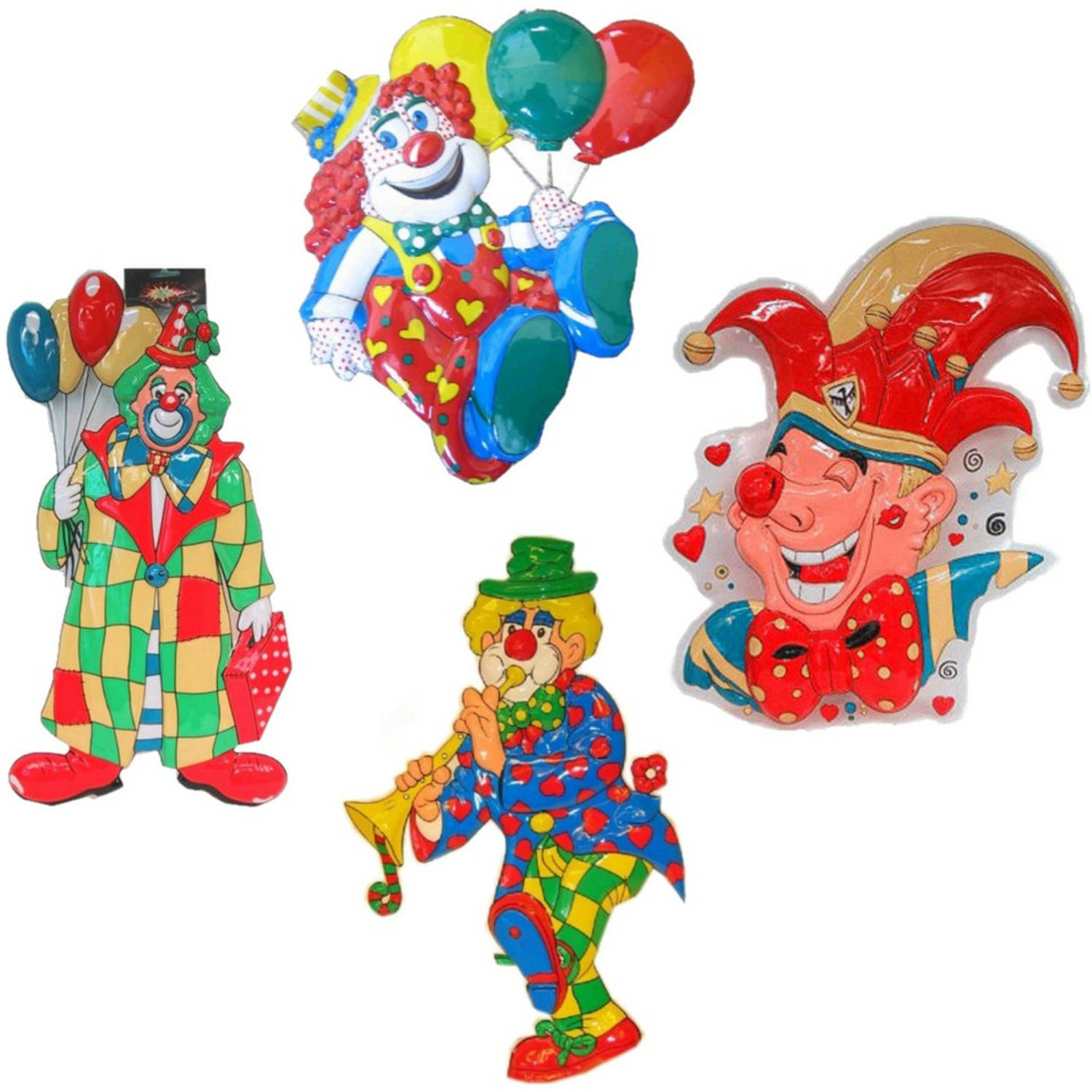 Carnaval versiering clowns - 4x grote wand decoraties 60 cm - Feestpakketten