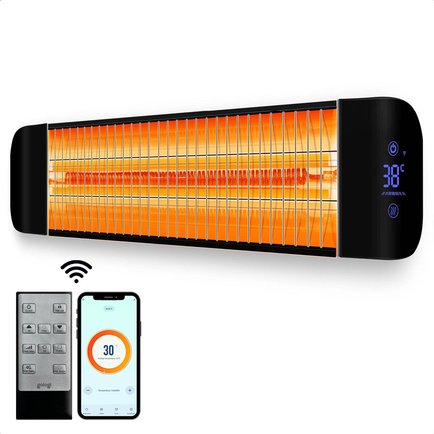Gologi Slimme Terrasverwarmer - Heater Elektrisch - 2000W - Bediening met App of Afstandsbediening - Zwart