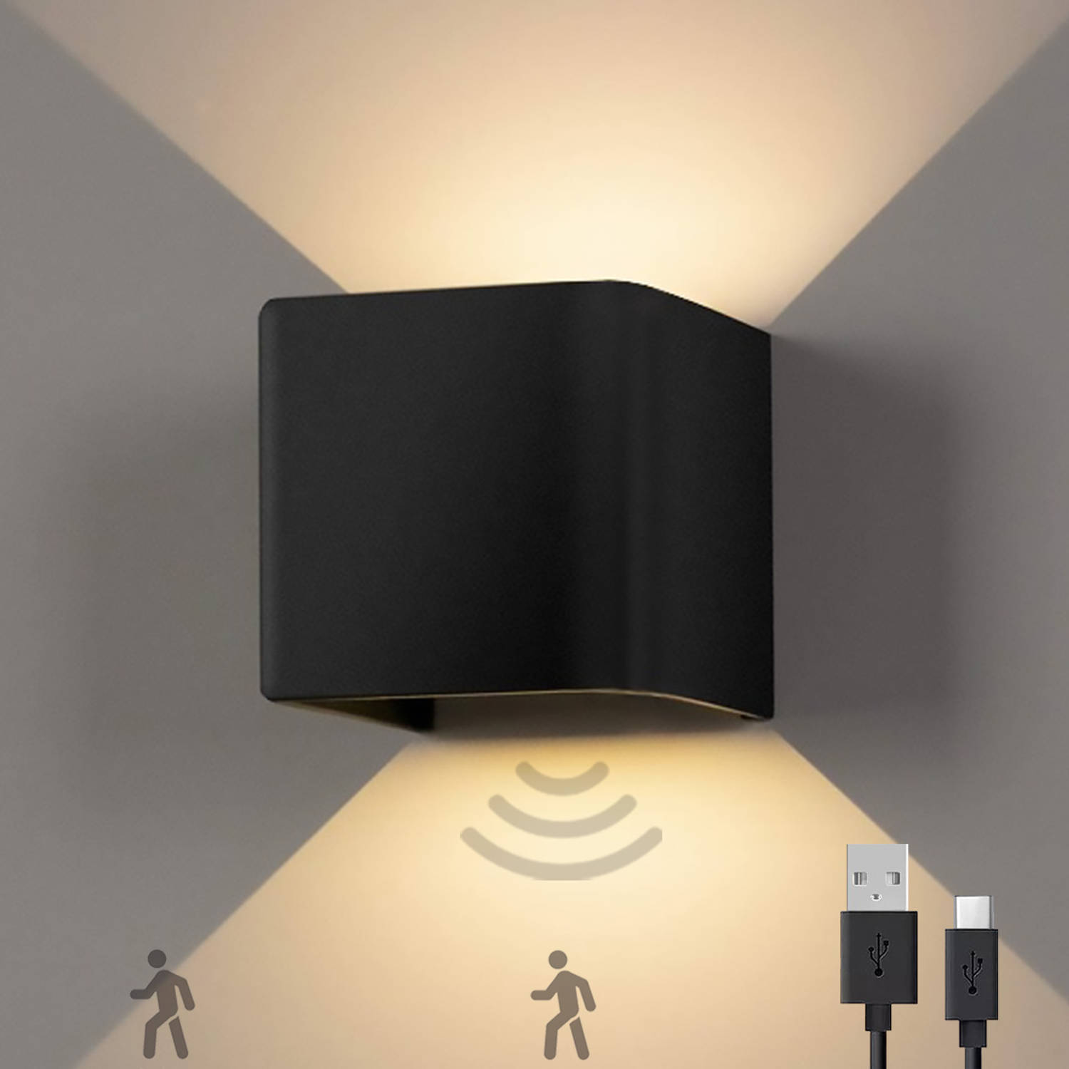Goliving Oplaadbare Wandlamp Op Accu – Wandlamp Binnen – Draadloos - Krachtige Accu – PIR Bewegingssensor – USB-C – 4400 mAh - Warm Wit Licht - Zwart