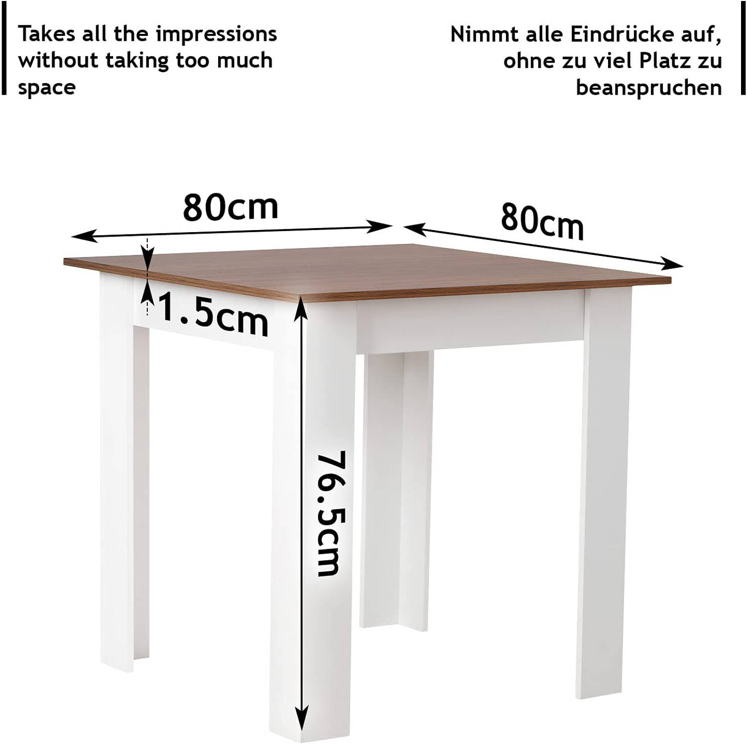MIADOMODO- Vierkante eettafel, 80 x 80 x 76,5 cm, wit met bruin blad, voor 4 personen