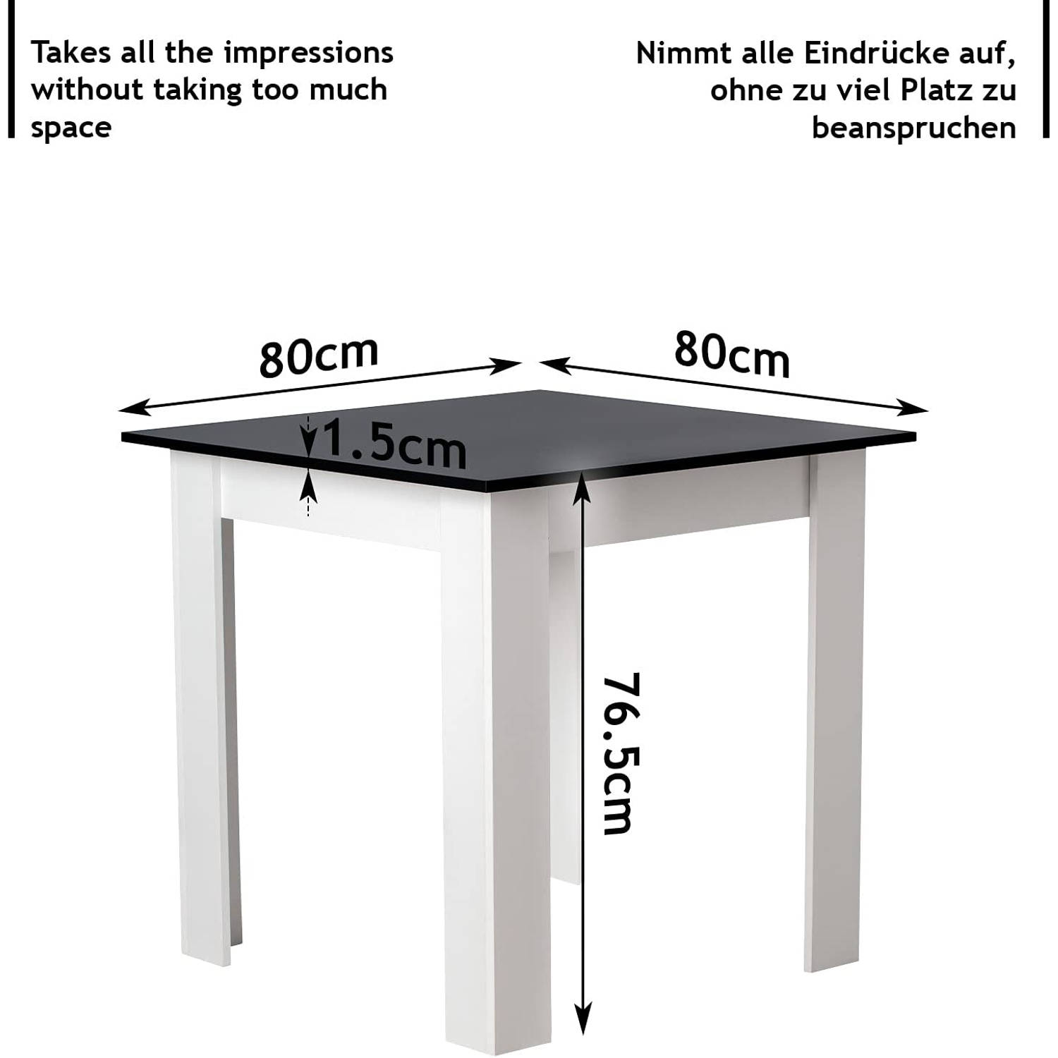 MIADOMODO- Vierkante eettafel, 80 x 80 x 76,5 cm, wit met zwart blad, voor 4 personen