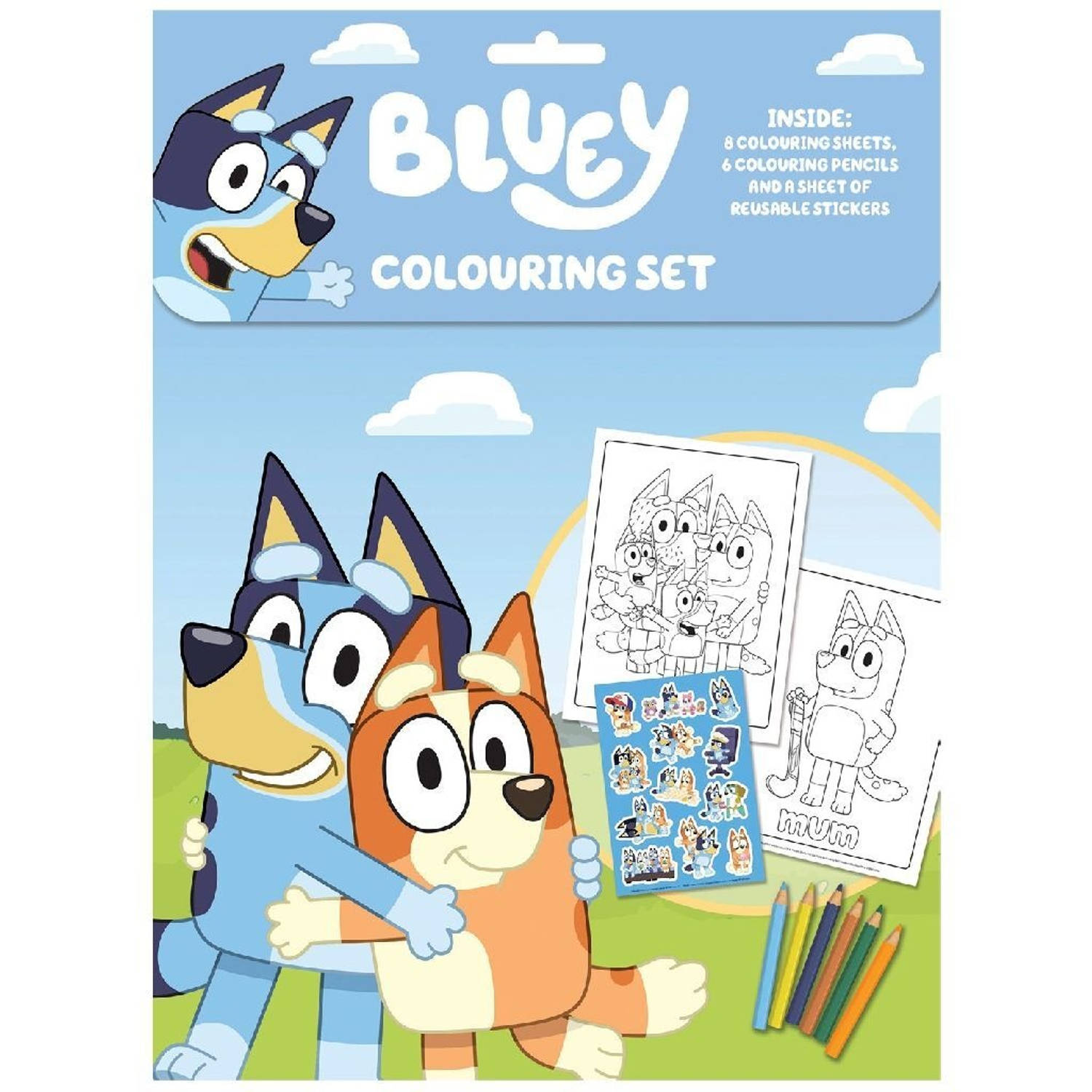 Bluey - Kleurset - 8 Kleurplaten - 6 Potloden & Grote Stickers