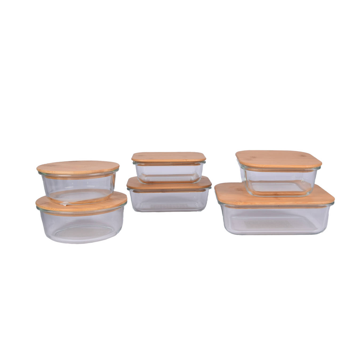 Set van 6 Glazen Vershoudbakjes met Deksel | Ideaal voor Lunch en Voedselopslag | Borosilicaatglas en Bamboo