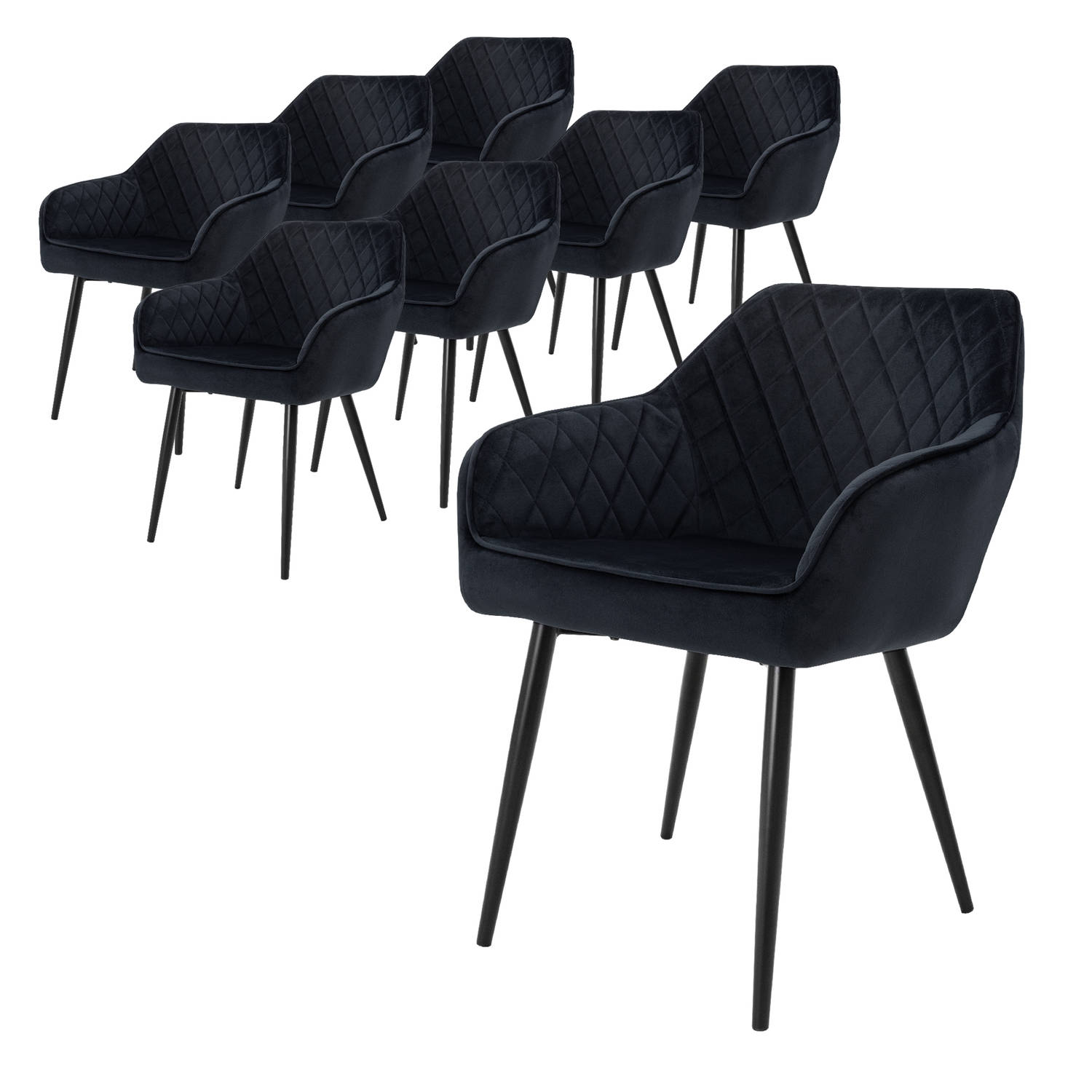 ML-Design Set van 8 eetkamerstoelen met armleuning en rugleuning, zwart, keukenstoel met fluwelen bekleding, gestoffeerde stoel met metalen poten, ergonomische stoel voor eettafel,
