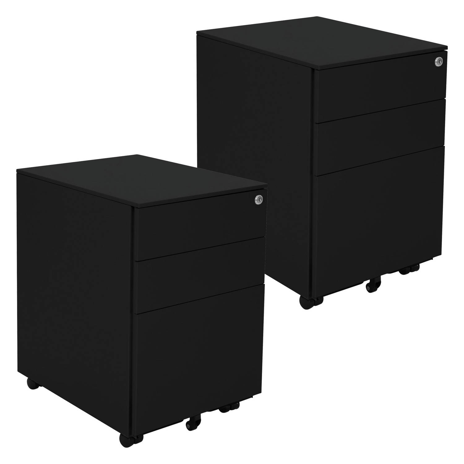 ML-Design Set van 2 metalen verrijdbare containers met 3 laden, zwart, 39x50x56 cm, staal, verrijdbare archiefkast, afsluitbare kantoorkast, kantoorcontainer met hangmap voor dossi