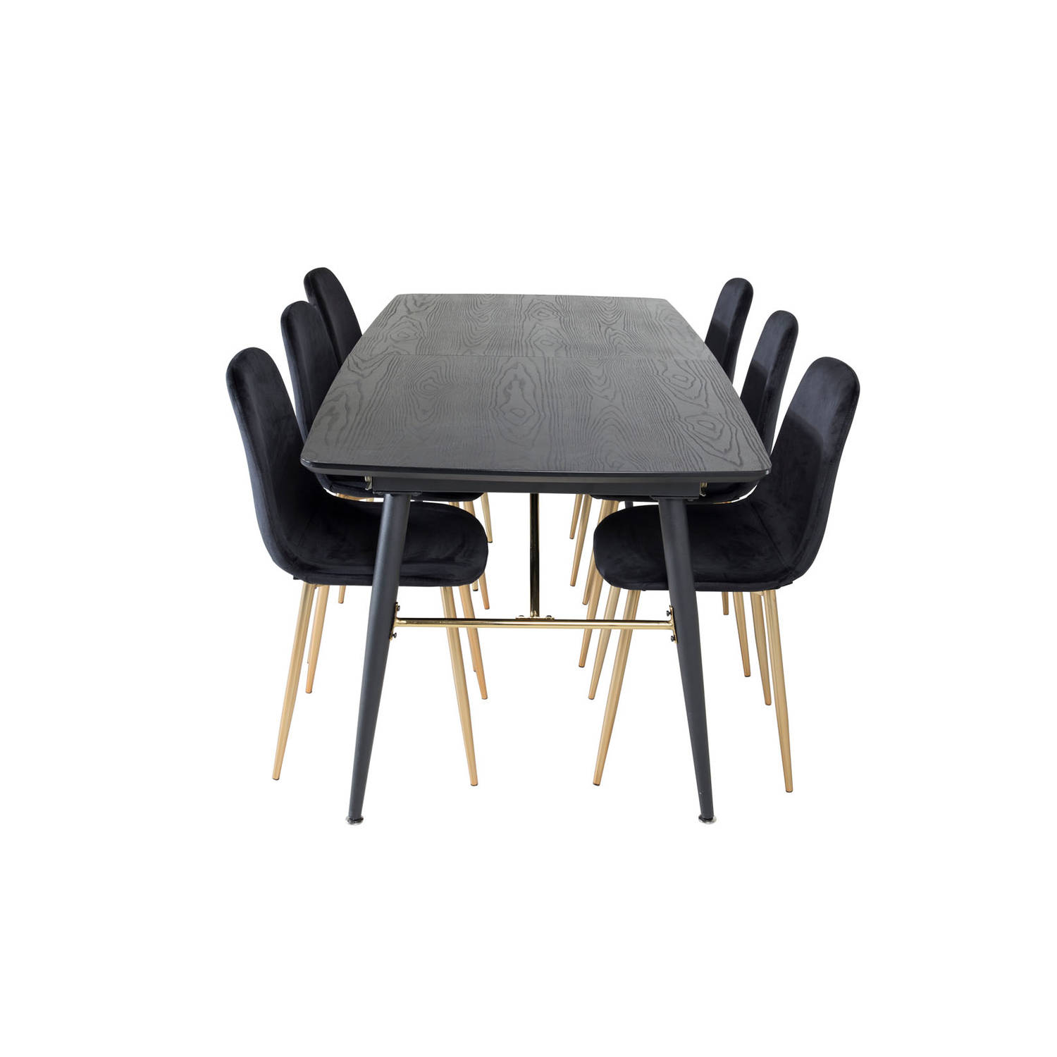 Gold eethoek eetkamertafel uitschuifbare tafel lengte cm 180 / 220 zwart en 6 Polar eetkamerstal velours zwart, messing decor.