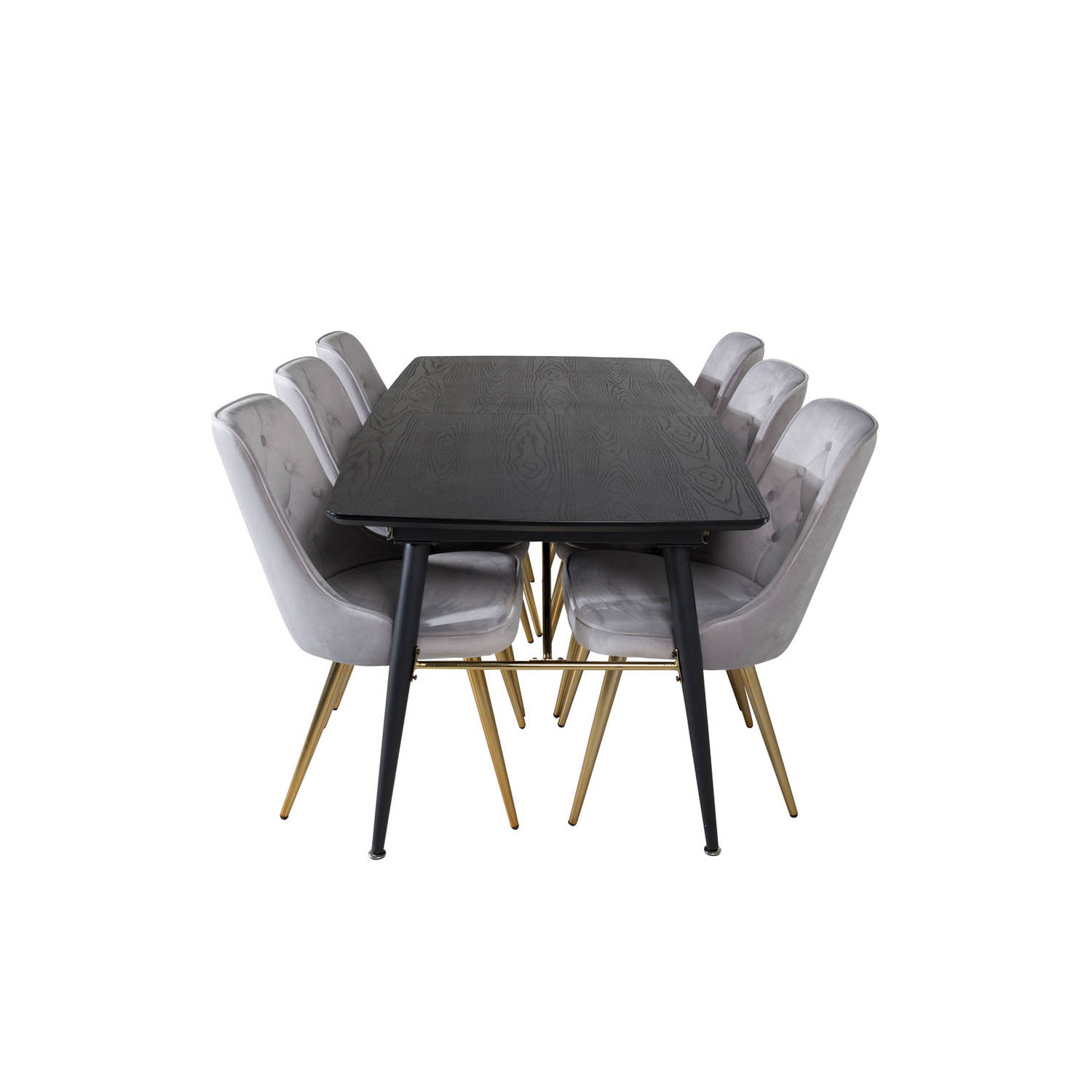 Gold eethoek eetkamertafel uitschuifbare tafel lengte cm 180 / 220 zwart en 6 Velvet Deluxe eetkamerstal velours lichtgrijs, messing decor.