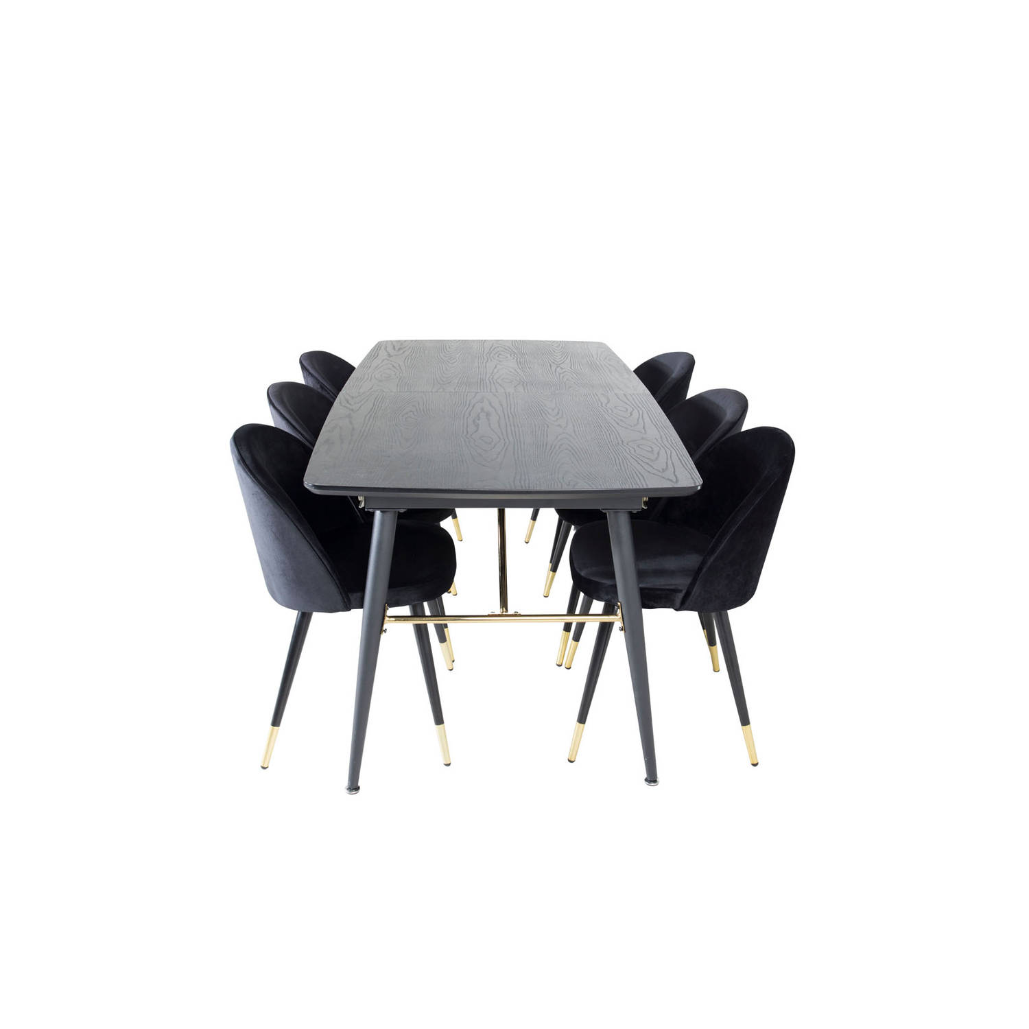 Gold eethoek eetkamertafel uitschuifbare tafel lengte cm 180 / 220 zwart en 6 Velvet eetkamerstal velours zwart, messing decor.