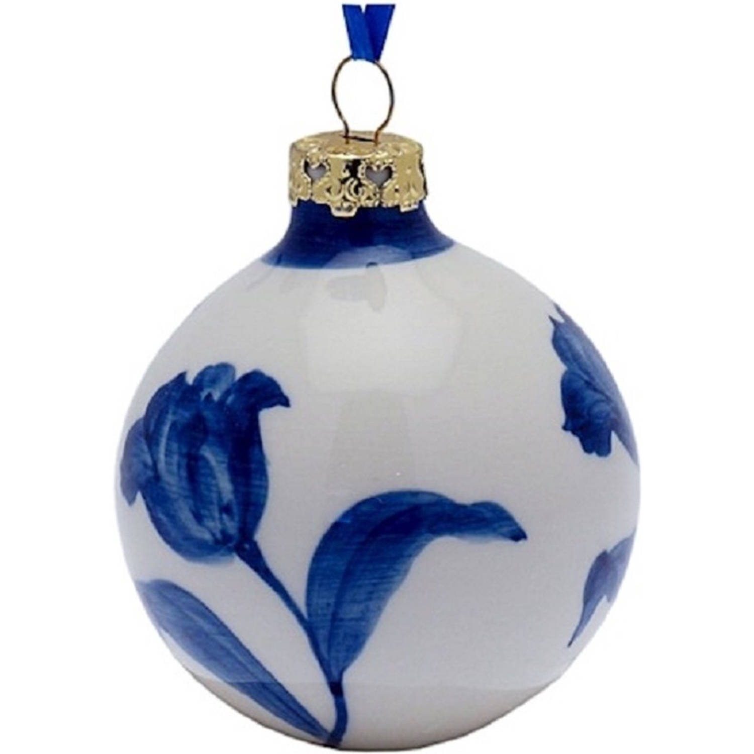 Kerstbal met blauwe tulpen 2 stuks Heinen Delfts Blauw Souvenir
