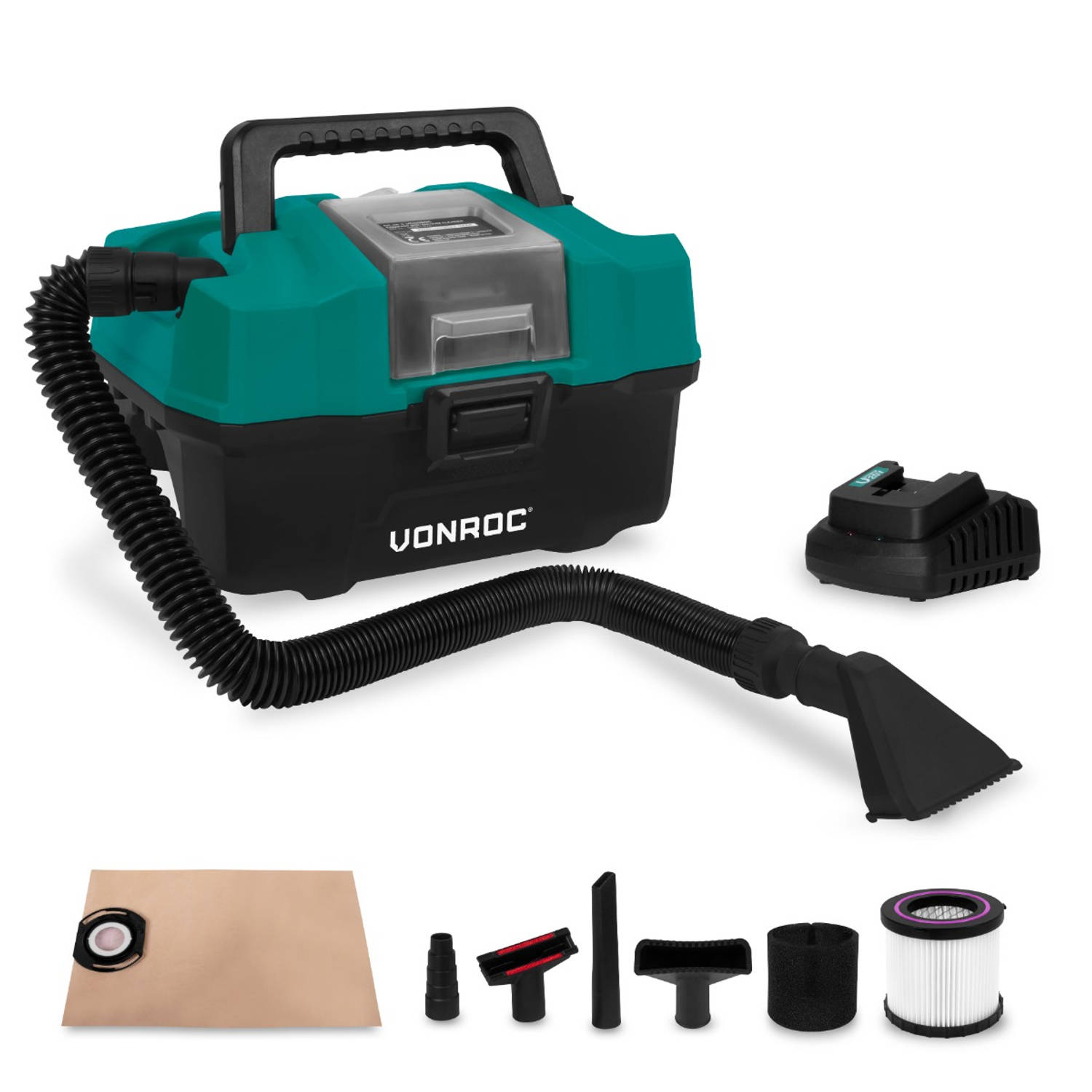 VONROC Compacte alleszuiger / stofzuiger - 20V - Incl. Diverse accessoires, 4.0Ah accu en snellader