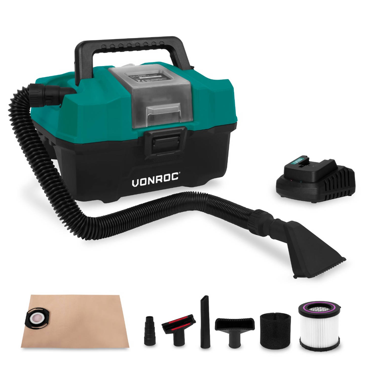 VONROC Compacte alleszuiger / stofzuiger - 20V - Incl. Diverse accessoires, 2.0Ah accu en snellader