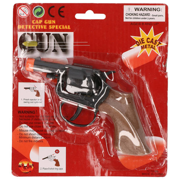 Politie verkleed speelgoed revolver/pistool metaal 8 schots plaffertjes - Verkleedattributen