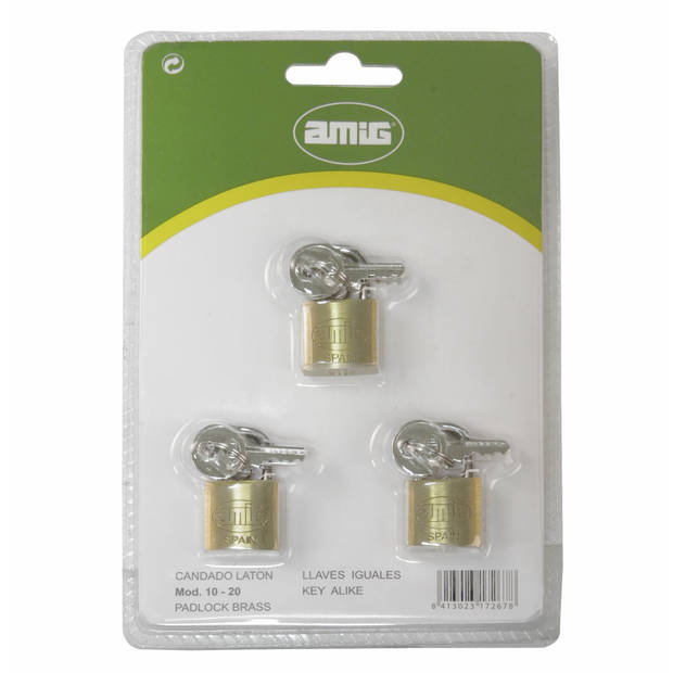 Amig Hangslot met 2 sleutels - set van 3 - 20 mm - messing - Hangsloten