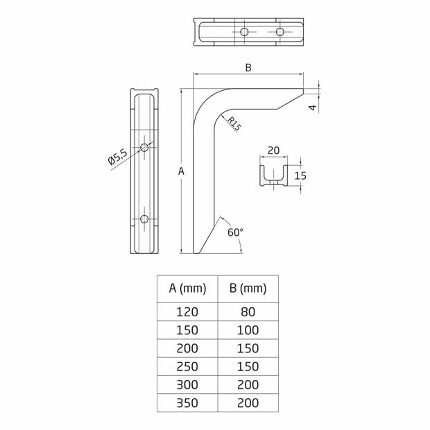 AMIG Plankdrager/planksteun van aluminium - gelakt wit - H200 x B150 mm - heavy support - Plankdragers