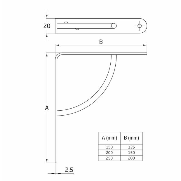 AMIG Plankdrager/planksteun van metaal - gelakt wit - H250 x B200 mm - Tot 90 kg - Plankdragers