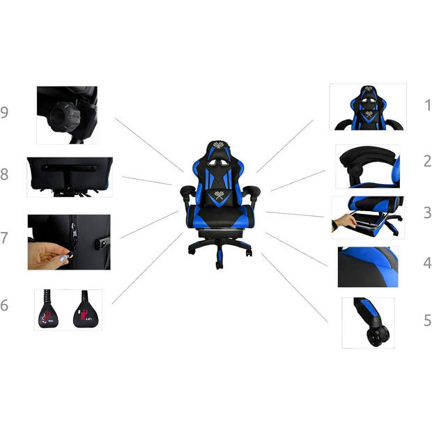 Bobbel Home - Luxe Bureaustoel - Verstelbaar - Uitschuifbare voetensteun - Gaming Stoel - Blauw