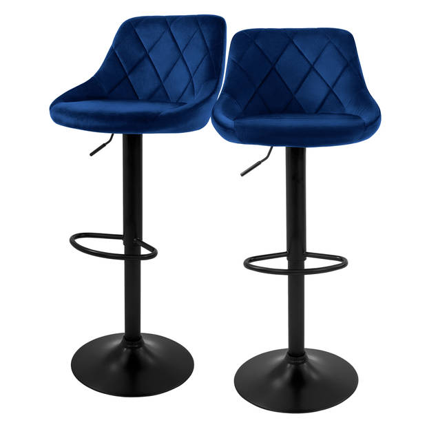 Barkruk set van 2 blauw fluwelen bekleding met rugleuning en voetensteun in hoogte verstelbaar 62-82cm ML-Design