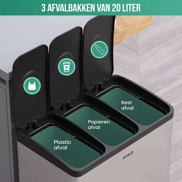 Avalo Prullenbak Afvalscheiding 60 Liter - RVS Zilver - 3 Vakken - Milieubewust, Hygienisch & Vingerafdrukvrij -