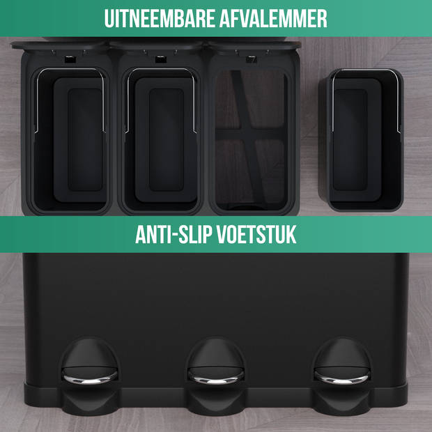 Avalo Prullenbak Afvalscheiding 60 Liter - RVS Zwart - 3 Vakken - Milieubewust, Hygienisch & Vingerafdrukvrij -