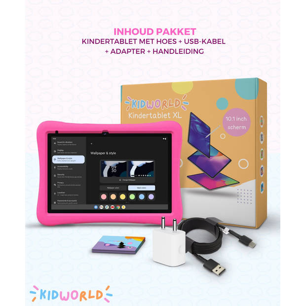 KidWorld Kindertablet Roze 4GB RAM + 64GB Geheugen Extra Groot 10 Inch Beeldscherm Android 13 Tablet Kinderen