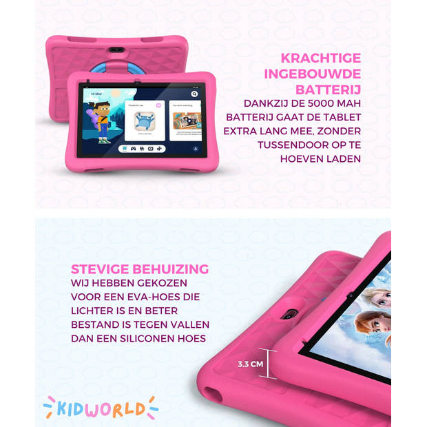 KidWorld Kindertablet Roze 4GB RAM + 64GB Geheugen Extra Groot 10 Inch Beeldscherm Android 13 Tablet Kinderen
