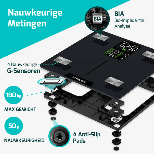 Personenweegschaal LED - Weegschaal met 17x Lichaamsanalyse - Vetpercentagemeter - FITAGE App