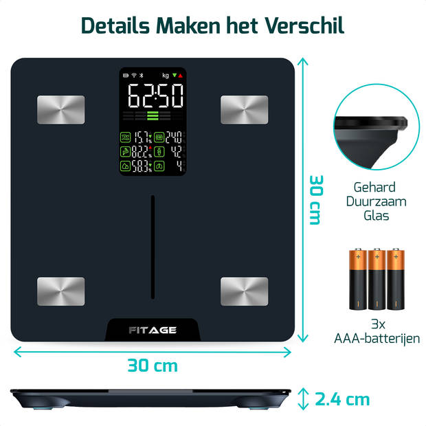 Personenweegschaal LED - Weegschaal met 17x Lichaamsanalyse - Vetpercentagemeter - FITAGE App