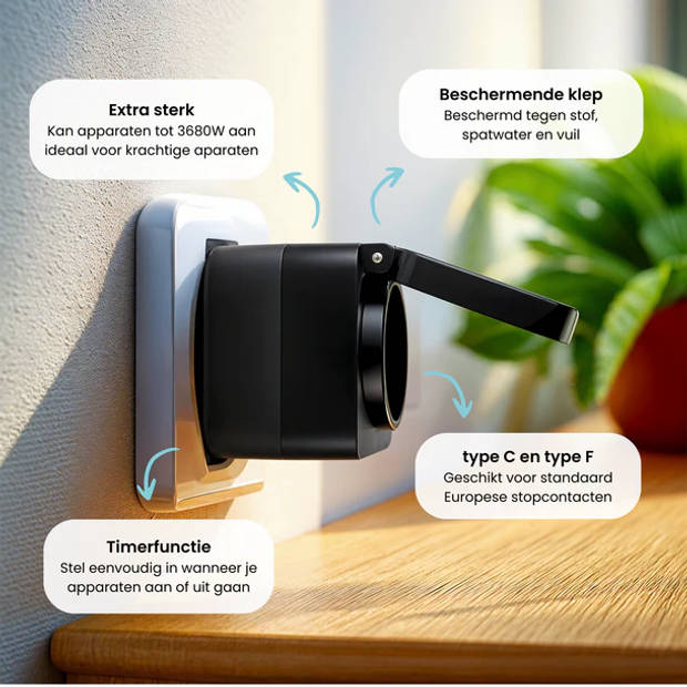 Gologi Slimme stekker buiten - Smart plug - IP44 - Tijdschakelaar & Energiemeter - WIFI - Zwart - 4 stuks