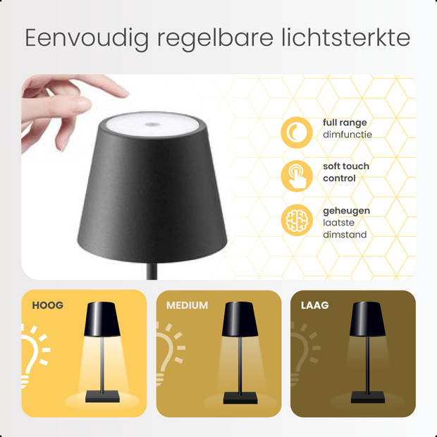 Goliving Tafellamp Oplaadbaar – Draadloos en dimbaar – Moderne touch lamp – Nachtlamp – 26 cm – Zwart
