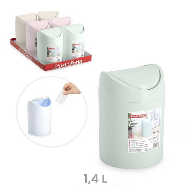 Plasticforte mini prullenbakje - 2x - roze - kunststof - klepdeksel - keuken/aanrecht - 12 x 17 cm - Prullenbakken