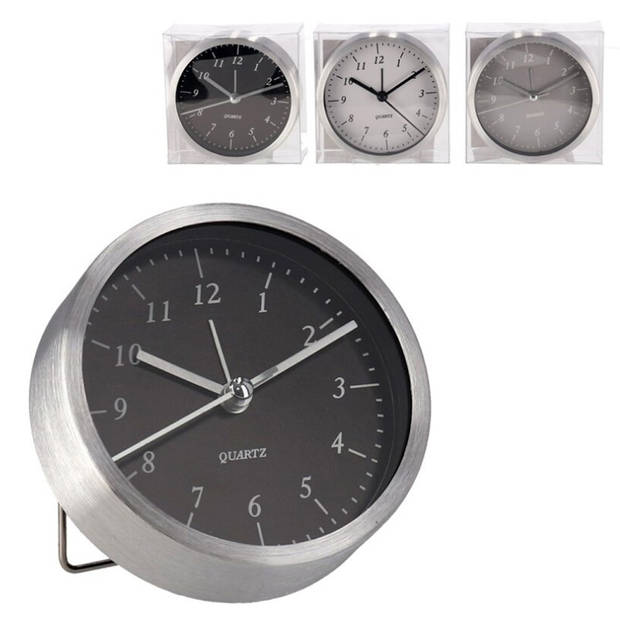 Gerimport Wekker/alarmklok analoog - zilver/zwart - aluminium/glas - 9 x 2,5 cm - staand model - Wekkers
