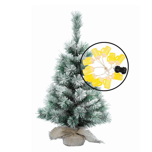 Mini kerstboom besneeuwd - met bierpullen verlichting - H60 cm - Kunstkerstboom