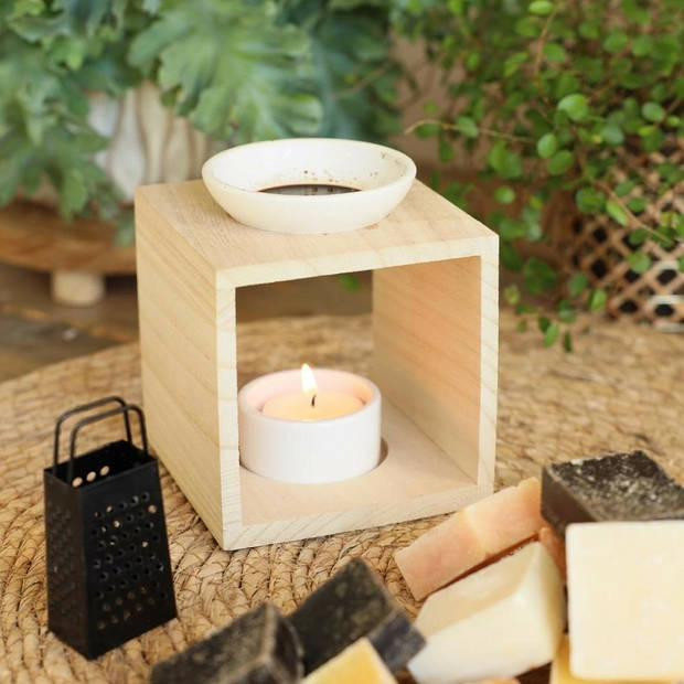 Ideas4seasons Geurbrander voor amberblokjes/geurolie - keramiek/hout - 10 x 10 x 12 cm - Geurbranders