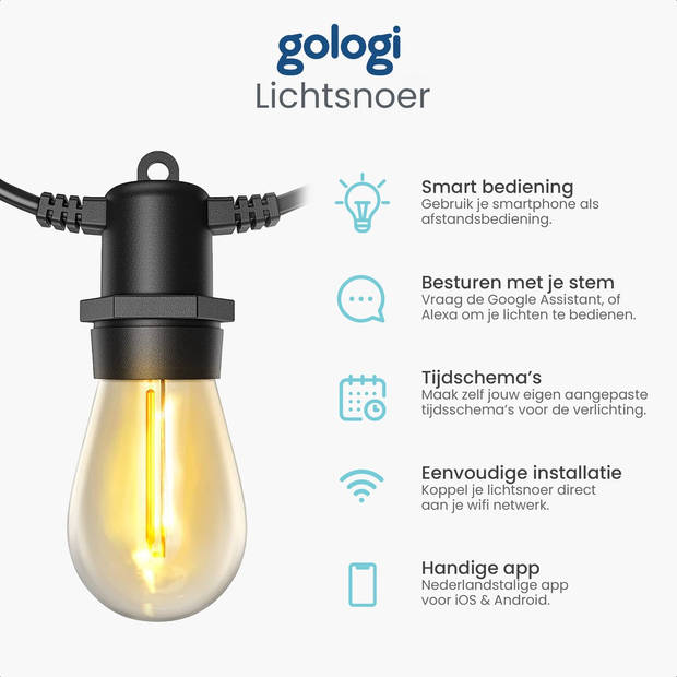 Gologi lichtsnoer buiten & binnen - Lichtslinger 15M - LED - 2700K - Smart verlichting - Koppelbaar tot 30M