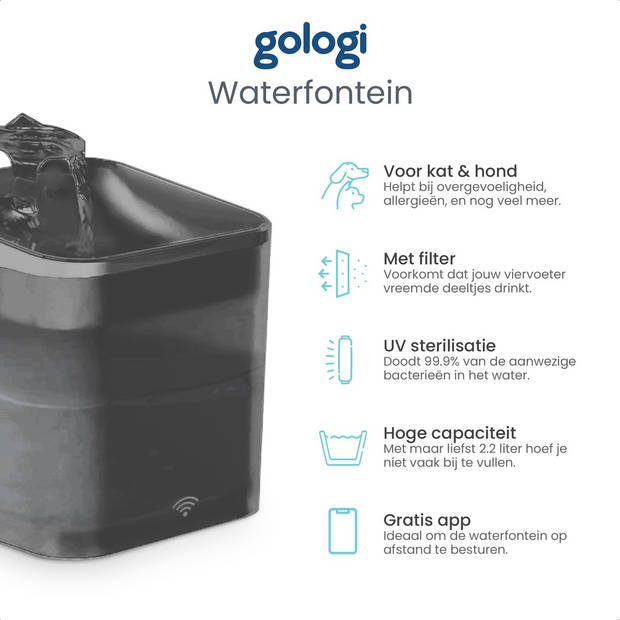 Gologi drinkfontein kat/hond - Slimme waterfontein met app - Met sensor - Smart & UV Sterilisatie - 2,2L - Zwart
