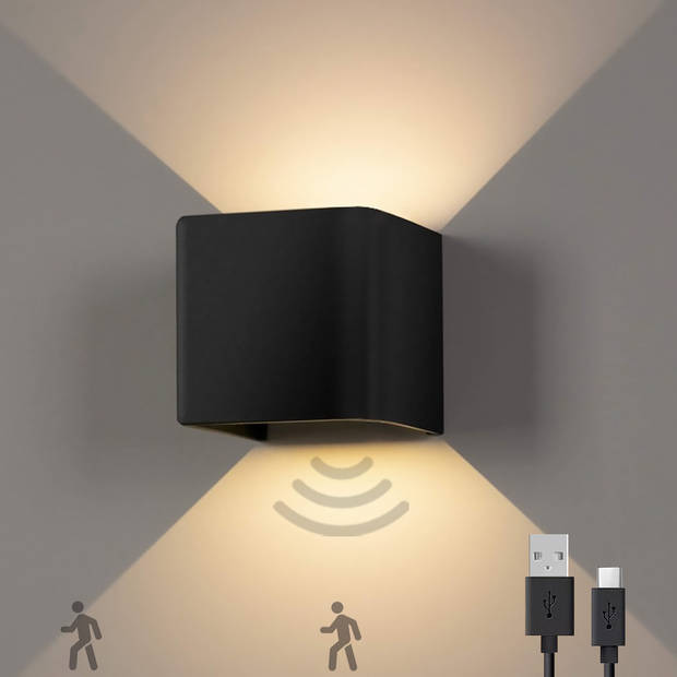 Goliving Wandlamp Op Accu – Oplaadbaar - Draadloos – PIR Bewegingssensor – USB-C - Warm Wit Licht - Zwart