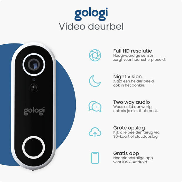 Gologi draadloze deurbel - HD Video Deurbel - Met Camera en Wifi - Inclusief Gong - Waterdicht - Met 32GB SD-kaart - Wit