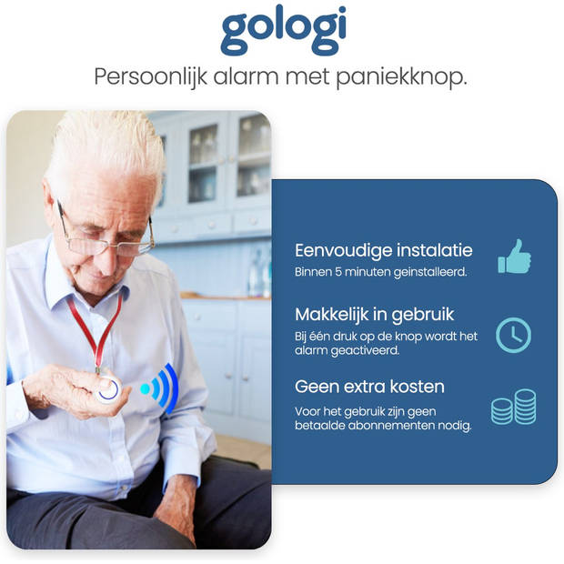 Gologi Slim persoonlijk alarm - Paniekknop - Senioren alarm - Draadloze alarmknop - Noodknop - WIFI - Met app