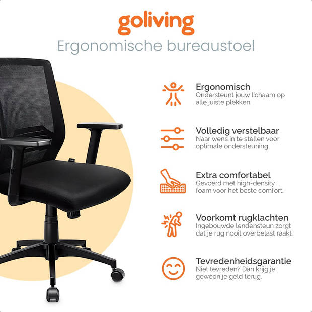 Goliving Ergonomisch Bureaustoel - Met Lendensteun en Armleuning - Verstelbaar - Op Wieltjes - Voor Volwassenen - Zwart