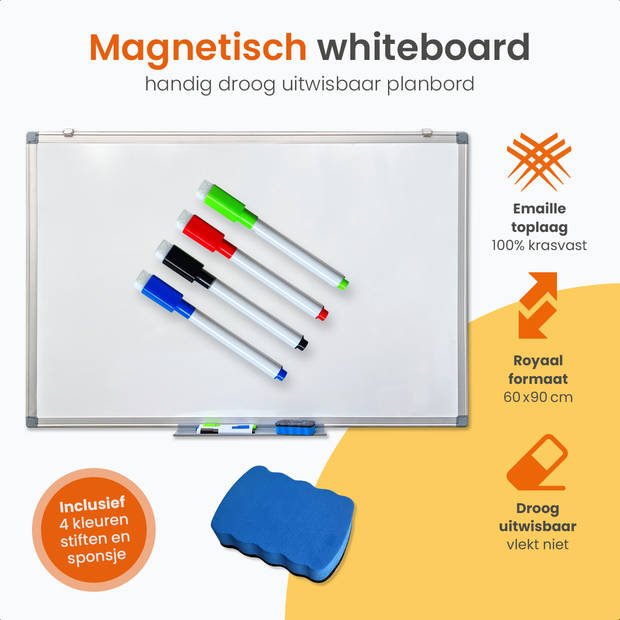 Goliving Whiteboard met Stiften - 60 x 90 cm - Magnetisch bord - Weekplanner - Schoolbord - Emaille Magneetbord