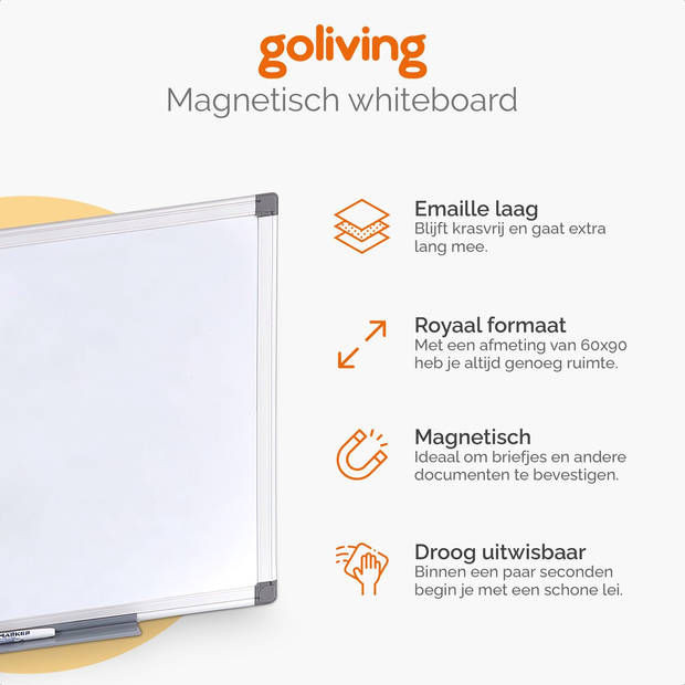 Goliving whiteboard met stiften - Magnetisch bord - 60 x 90 cm - Krasvast memobord - Schoolbord - Emaille magneetbord