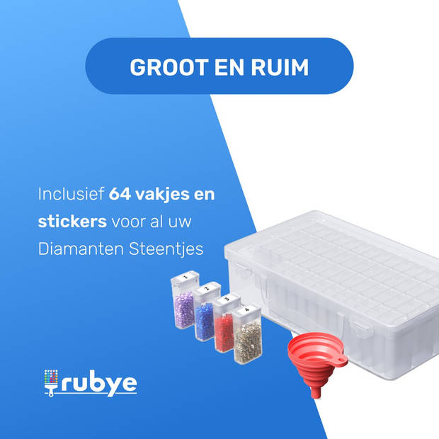Rubye® Diamond Painting Opbergdoos - Opbergbox 64 Vakjes - Sorteerdoos - Trechter - Stickers