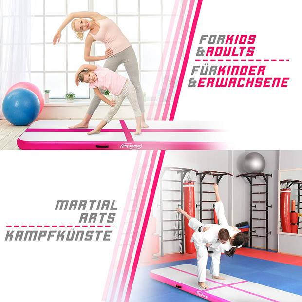 Opblaasbare PVC gym mat, Roze, 4 meter, met elektrische luchtpomp, gymnastiekmat, trainingsmat, fitnessmat