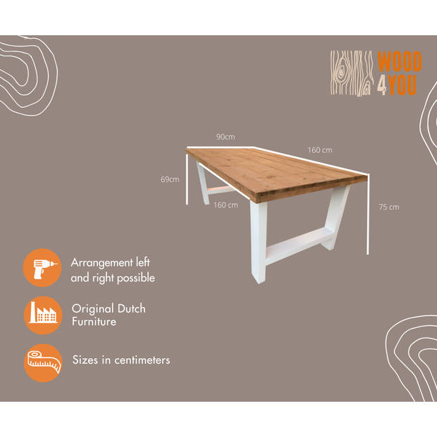 Wood4you - Eettafel Seattle Roastedwood - wit - 190/90 cm - 190/90 cm - Eettafels