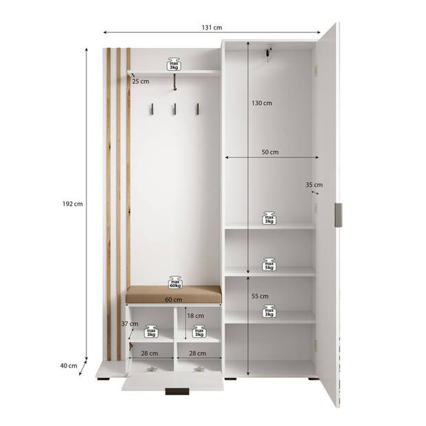 Meubella Kapstok Nappa - Antraciet - Eiken - 131 cm