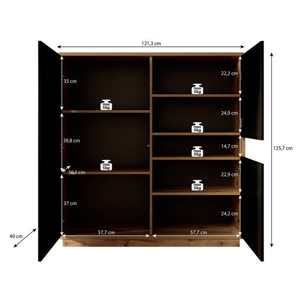 Meubella Opbergkast Acuna - Mat zwart - Eiken - 121 cm