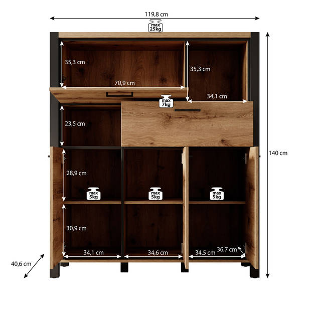 Meubella Opbergkast Acapulco - Eiken - Zwart - 120 cm