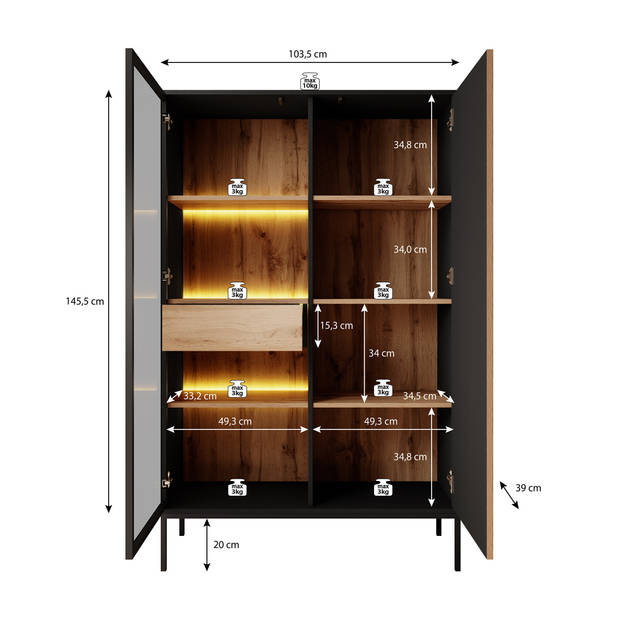 Meubella Vitrinekast Legend - Mat zwart - Eiken - 104 cm