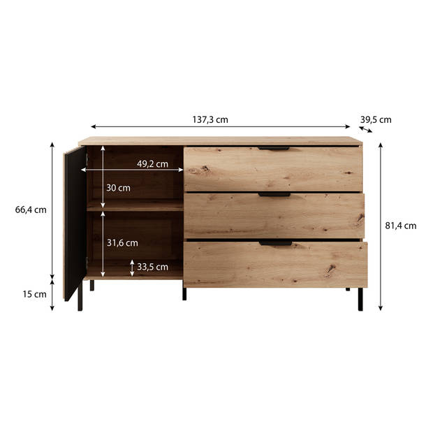 Meubella Dressoir Tasha - Eiken - Antraciet - 138 cm