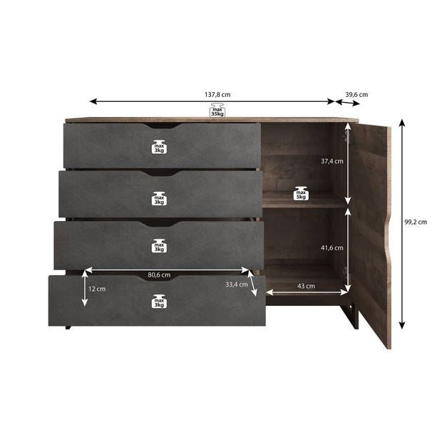 Meubella Dressoir Acasia - Grijs - Eiken - 138 cm